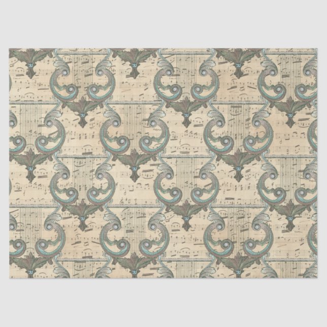 Papel De Seda Patina Harps y Music Notes en Cream Decoupage (Anverso)