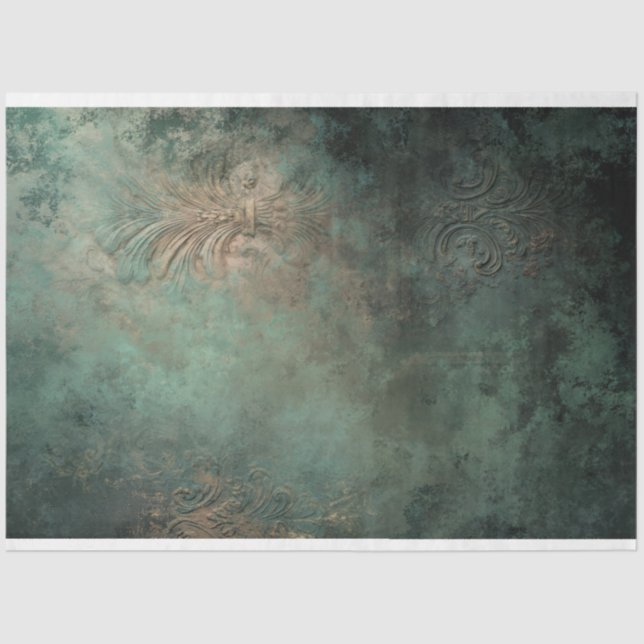 Papel De Seda pátina verde esmeralda, textura de damasco desgast (Anverso)