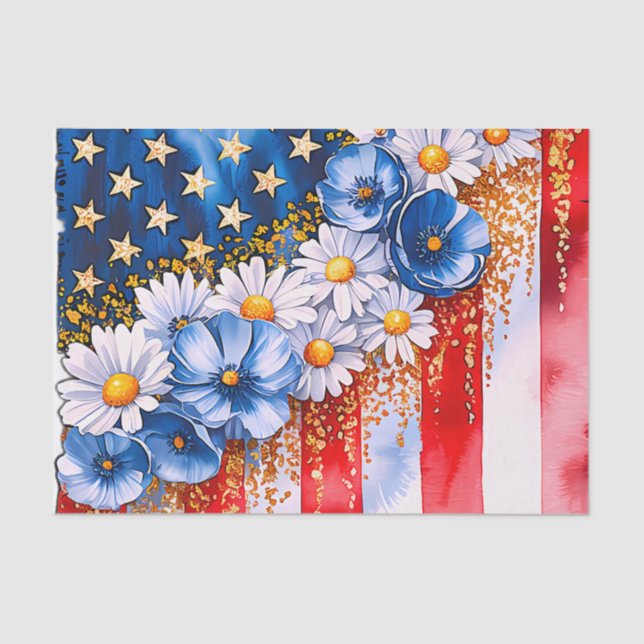 Papel De Seda Patriotic American Flag Floral Glitter (Anverso)