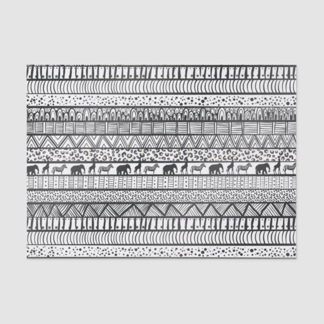 Papel De Seda Patrón africano tribal blanco negro (Anverso)