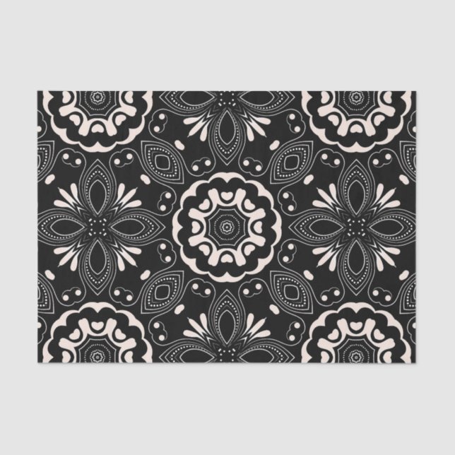 Papel De Seda Patrón árabe elegante barroco blanco y negro (Anverso)