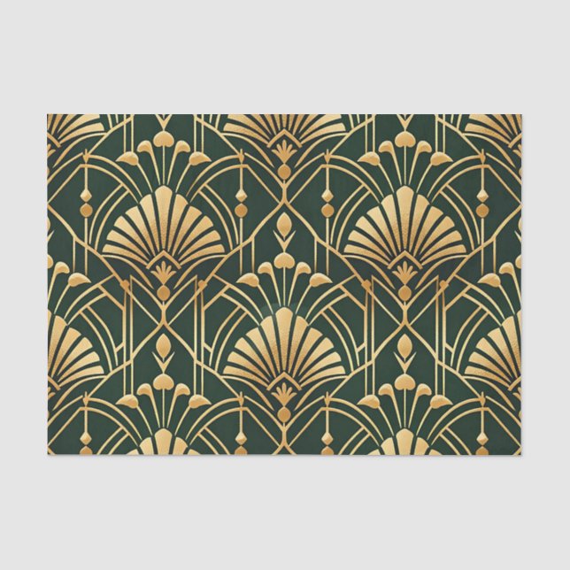 Papel De Seda Patrón Art Déco de oro esmeralda (Anverso)