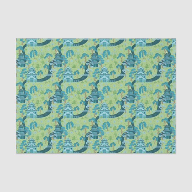 Papel De Seda Patrón asiático azul verde (Anverso)