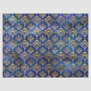 Papel De Seda Patrón azul acuarela con damasco dorado