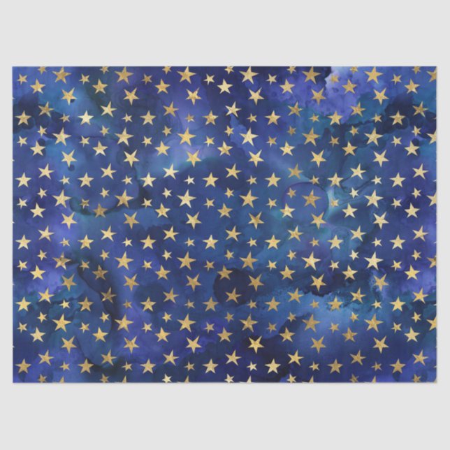Papel De Seda Patrón azul acuarela con estrellas doradas (Anverso)