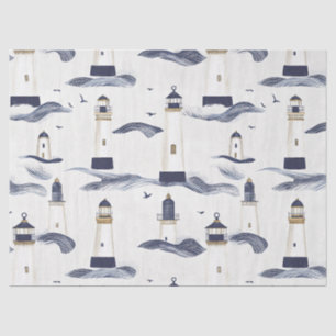Papel De Seda Patrón azul costero de faro náutico