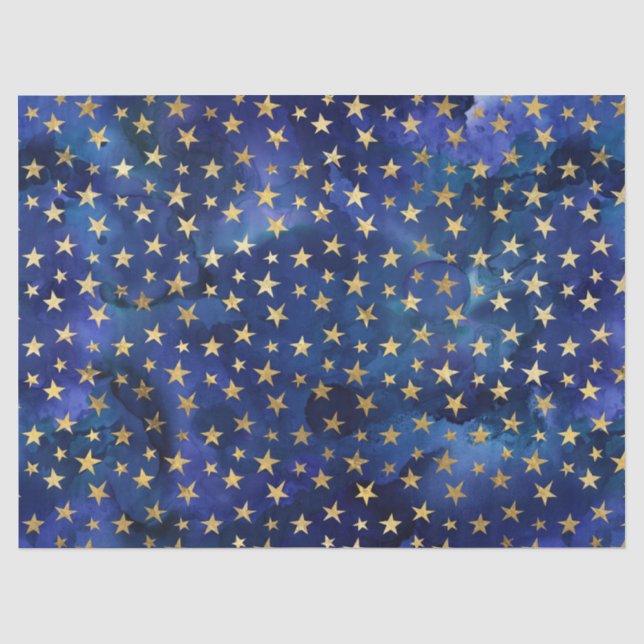 Papel De Seda Patrón azul de acuarela con estrellas doradas (Anverso)