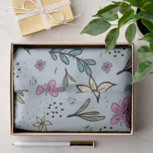 Papel De Seda Patrón azul ilustrado de flores y hojas lindas