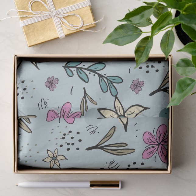 Papel De Seda Patrón azul ilustrado de flores y hojas lindas (Regalo )
