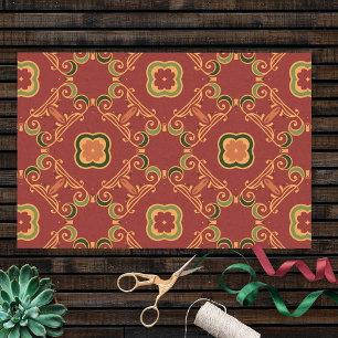 Papel De Seda Patrón barroco vintage elegante de color verde roj