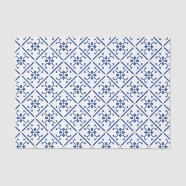 Papel De Seda Patrón blanco azul del país mosaico mediterráneo (Anverso)