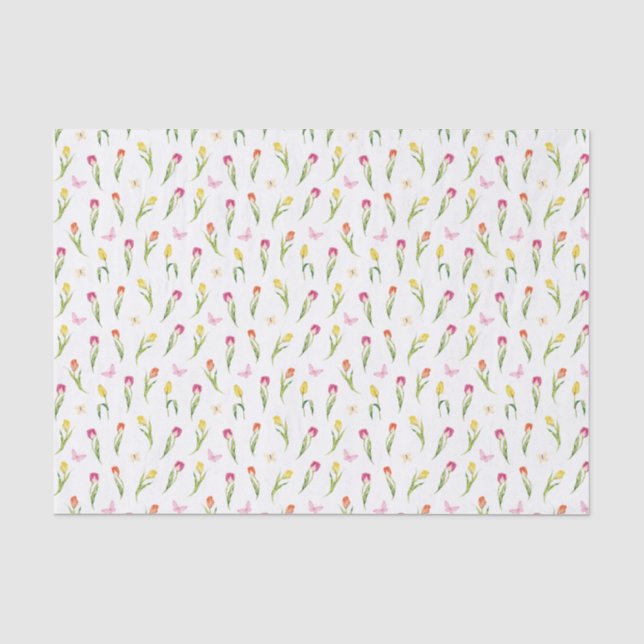 Papel De Seda Patrón blanco de tulipanes y mariposas (Anverso)