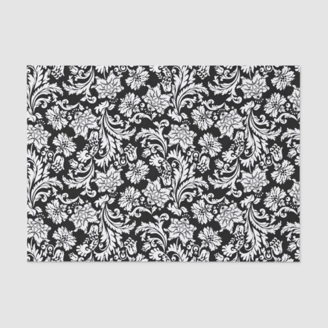 Papel De Seda Patrón blanco sobre damasquetas florales negras (Anverso)