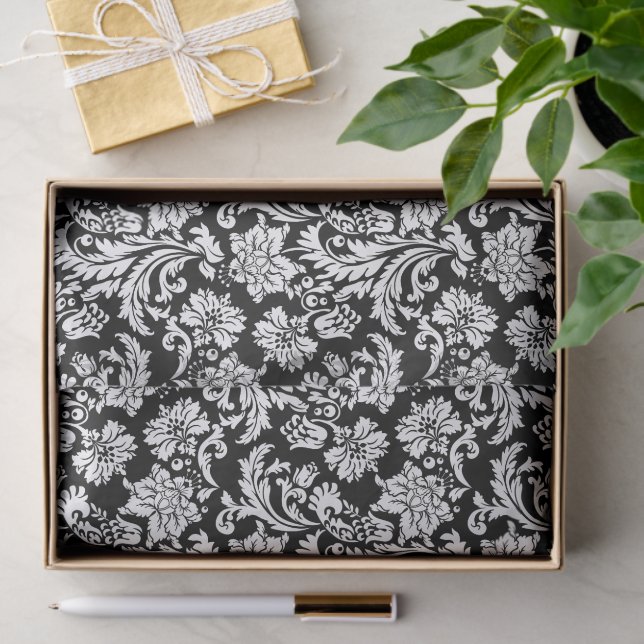 Papel De Seda Patrón blanco sobre damasquetas florales negras (Regalo )