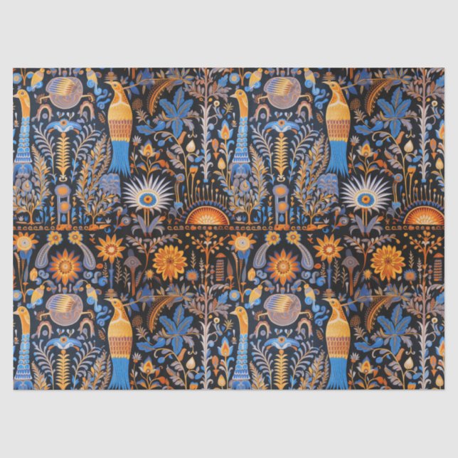 Papel De Seda Patrón botánico de aves exóticas Chinoiserie (10) (Anverso)