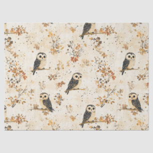 Papel De Seda Patrón Botánico de Bosque de Búho Beige de Otoño