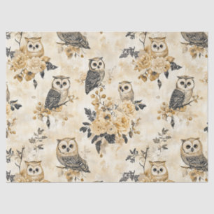 Papel De Seda Patrón Botánico de Bosque de Búho Beige Vintage