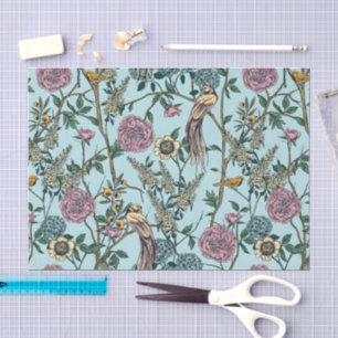 Papel De Seda Patrón botánico de color azul estilo vintage 