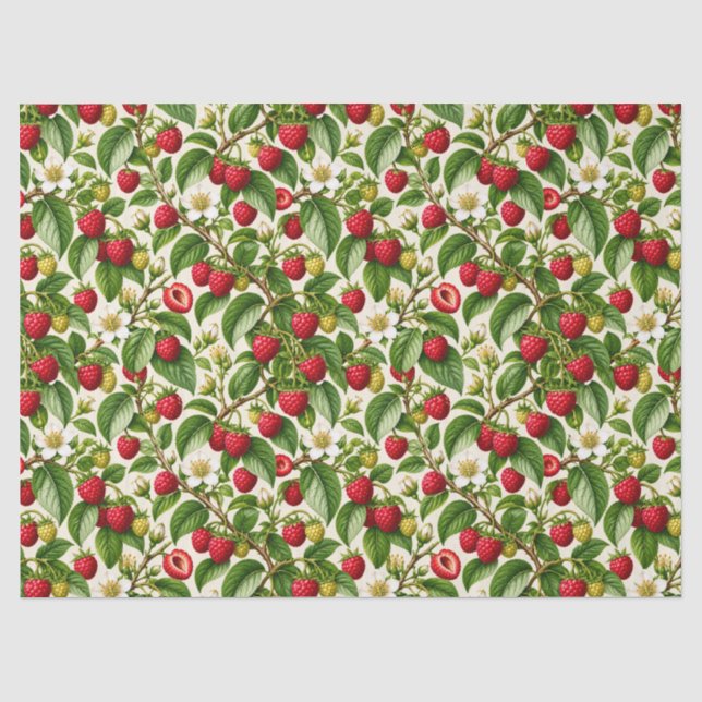 Papel De Seda Patrón Botánico de Frambuesa y Flor (Anverso)