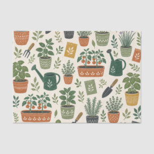 Papel De Seda Patrón Botánico de Hierbas en Macetas y Jardín de