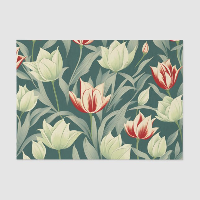 Papel De Seda Patrón botánico de tulipanes de época (Anverso)