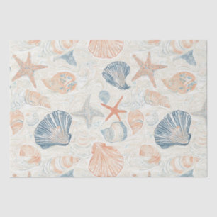 Papel De Seda Patrón Botánico Marino Caparazón Azul Coral Meloco