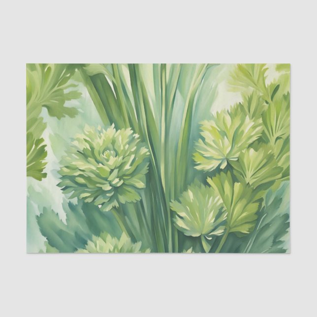 Papel De Seda Patrón botánico verde apio exuberante (Anverso)