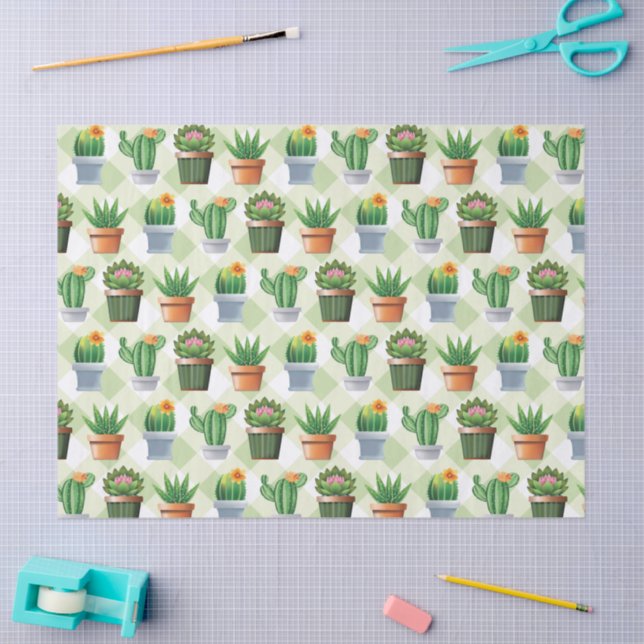 Papel De Seda Patrón Cactus de Gingham Verde (Artesanía)