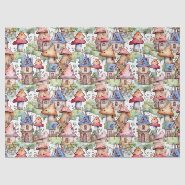 Papel De Seda Patrón caprichoso de cabaña de hongos (1) (Anverso)