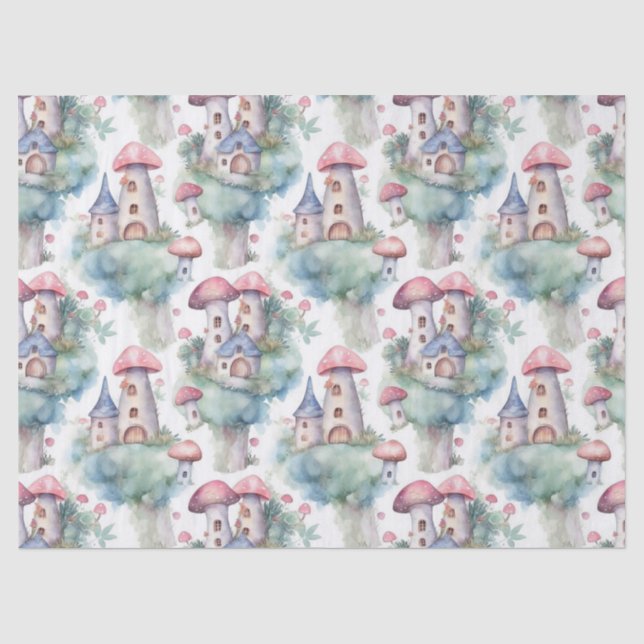 Papel De Seda Patrón caprichoso de cabaña de hongos (10) (Anverso)