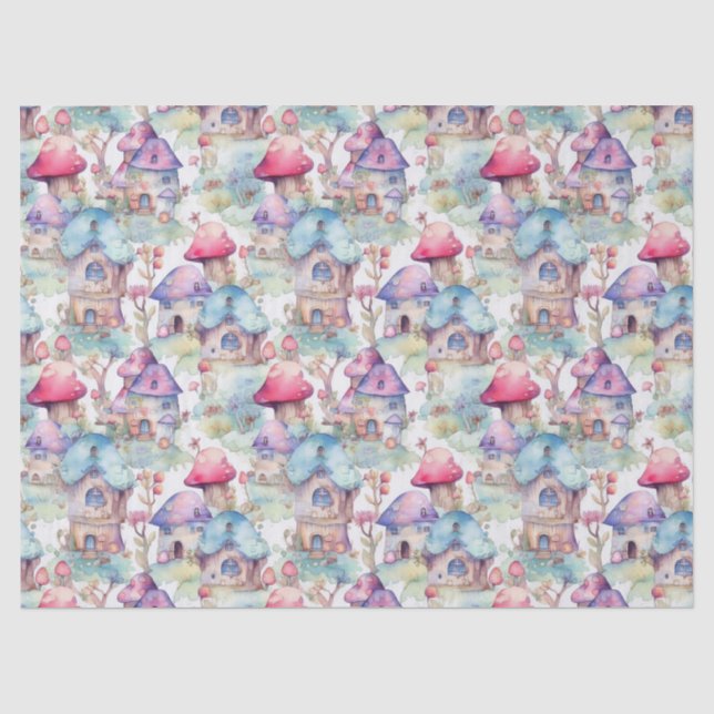 Papel De Seda Patrón caprichoso de cabaña de hongos (6) (Anverso)