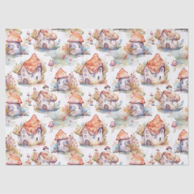 Papel De Seda Patrón caprichoso de cabaña de hongos (9) (Anverso)