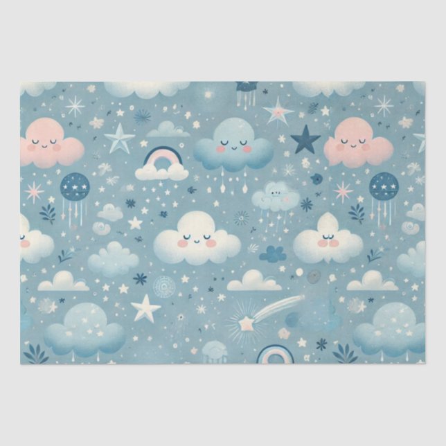 Papel De Seda Patrón caprichoso de cielo con nubes, estrellas -  (Anverso)