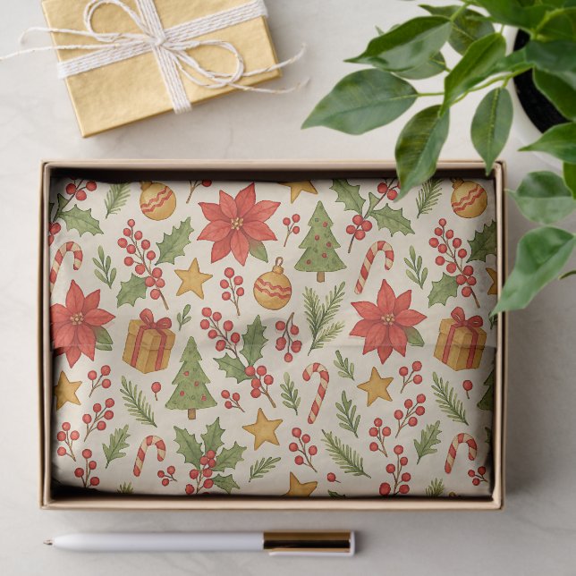 Papel De Seda Patrón clásico de arte floral de poinsettia botáni (Regalo )