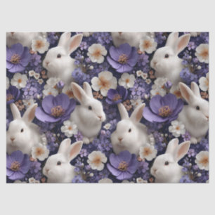 Papel De Seda Patrón con conejos blancos y flores púrpuras