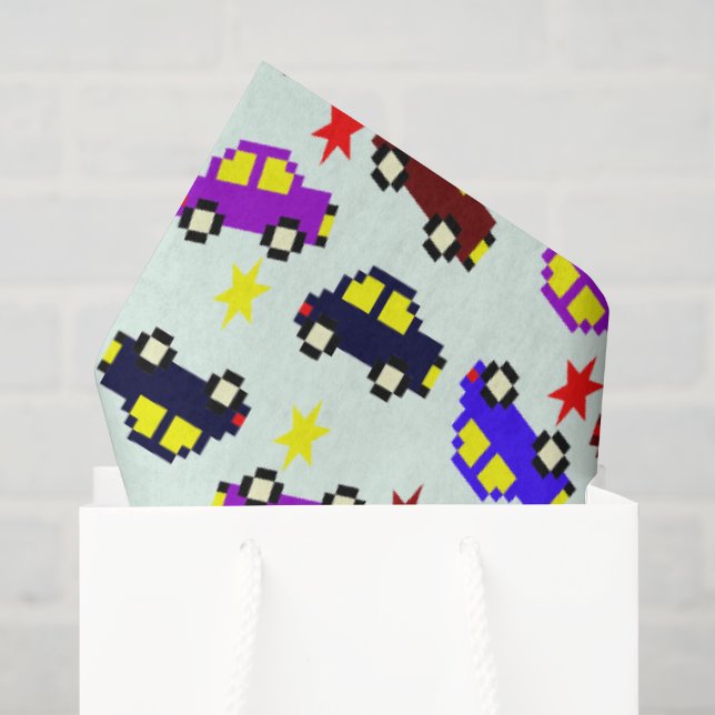Papel De Seda Patrón continuo de coche pixelado de cumpleaños mo (Bolsa de regalo)