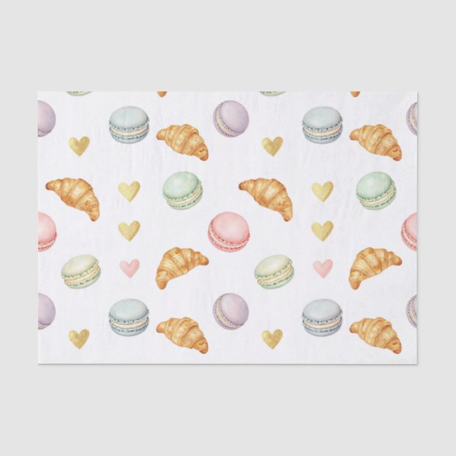 Papel De Seda Patrón continuo de Macarons y Croissants pastel (Anverso)