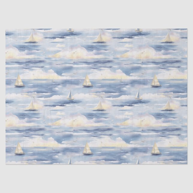 Papel De Seda Patrón de acuarela de barcos de vela soñadores (1) (Anverso)