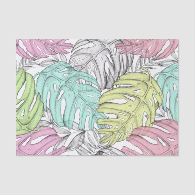Papel De Seda Patrón de acuarela de hojas de monstera pastel tro (Anverso)