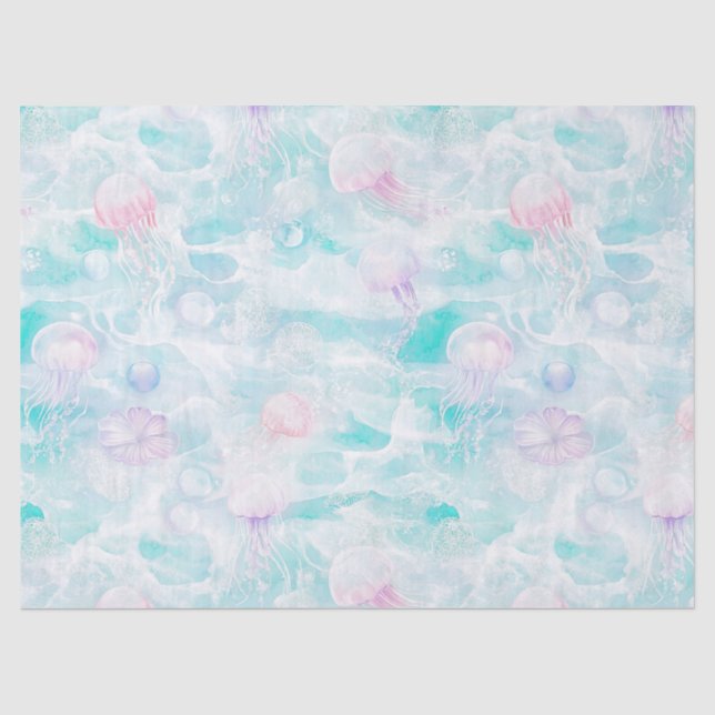 Papel De Seda Patrón de acuarela de medusas costeras (Anverso)