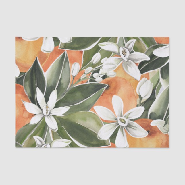 Papel De Seda Patrón de acuarela de Naranja tropical y flores (Anverso)
