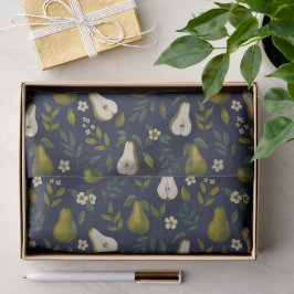 Papel De Seda Patrón de Acuarela de Pera Verde sobre Azul Oscuro