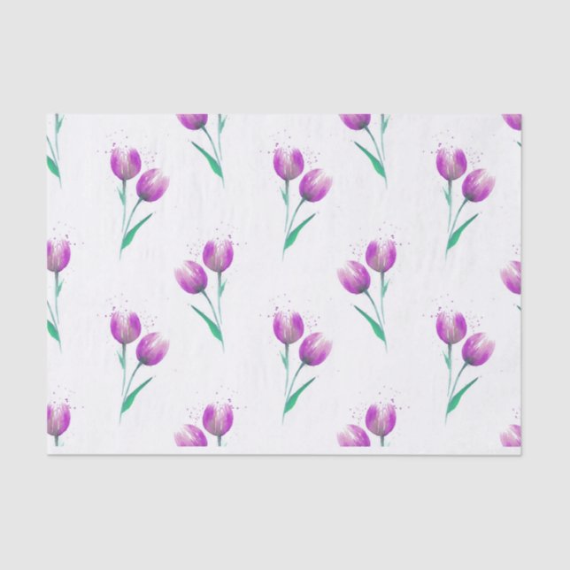 Papel De Seda Patrón de acuarela de tulipanes violeta rosa (Anverso)
