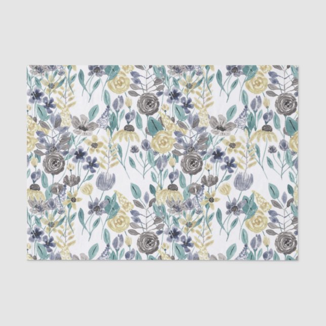 Papel De Seda Patrón de acuarela floral amarillo gris moderno (Anverso)