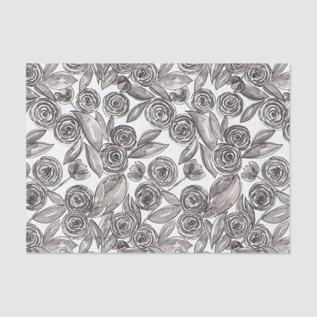 Papel De Seda Patrón de acuarela floral blanco y negro moderno (Anverso)