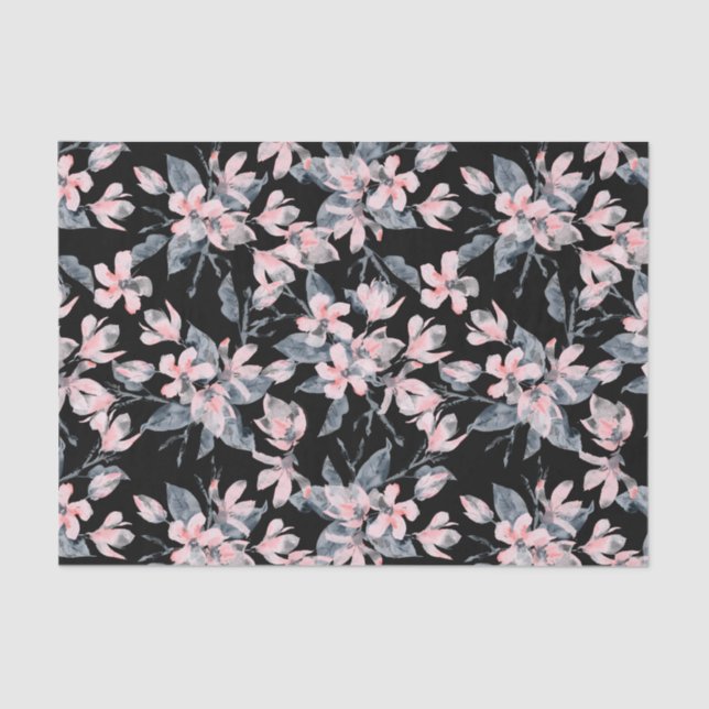 Papel De Seda Patrón de acuarela floral rosa y gris (Anverso)