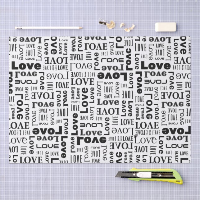 Papel De Seda Patrón de amor con letras negras  (Artesanía)
