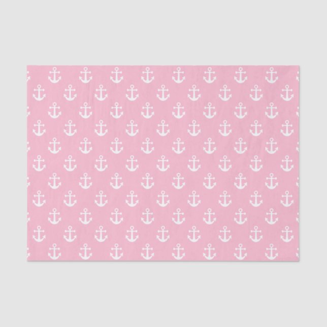 Papel De Seda Patrón de ancla náutica rosa y blanco (Anverso)