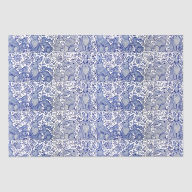 Papel De Seda Patrón de animales florales de conejo conejo azul  (Anverso)