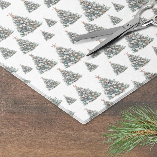 Papel De Seda Patrón de árbol de Navidad con conchas de playa (Beach Shell Christmas Tree Pattern Tissue Paper)
